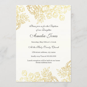 Convite Elegante Batismo Floral Vintage Dourado
