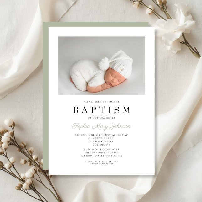 Convite Elegante Batismo Menino Foto Verde Salvia (Sage Green Elegant Photo Boy Baptism Invitation)