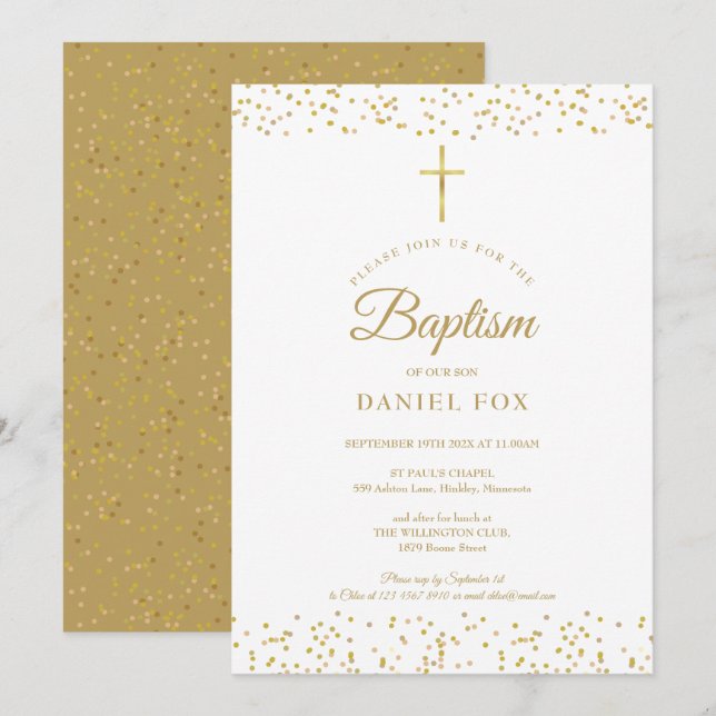 Convite Elegante Batismo ou Cristo com Poeira de Ouro (Frente/Verso)