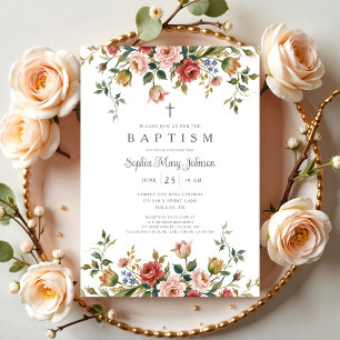 Convite Elegante Batismo Religioso Floral Menina