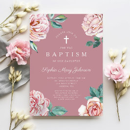 Convite Elegante Batismo Religioso Floral Rosa Menina