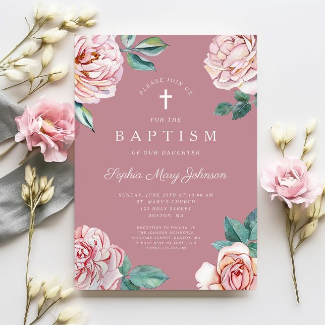 Convite Elegante Batismo Religioso Floral Rosa Menina (Religious Cross Dusty Pink Peonies Girl Baptism Invitation)