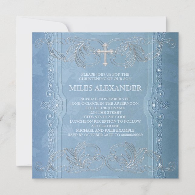 Convite Elegante Batizado de Bebê Menino Azul e Branco (Frente)