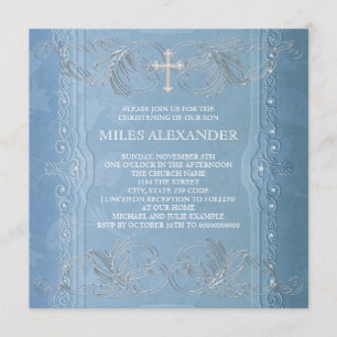 Convite Elegante Batizado de Bebê Menino Azul e Branco