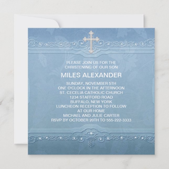 Convite Elegante Batizado de Bebê Menino Azul e Branco (Frente)