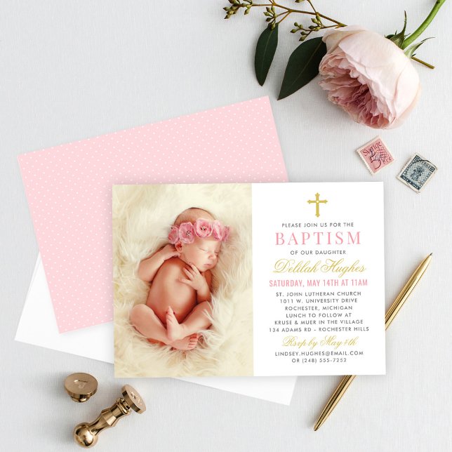 Convite Elegante Batizado de Menina em Rosa e Dourado com  (Criador carregado)