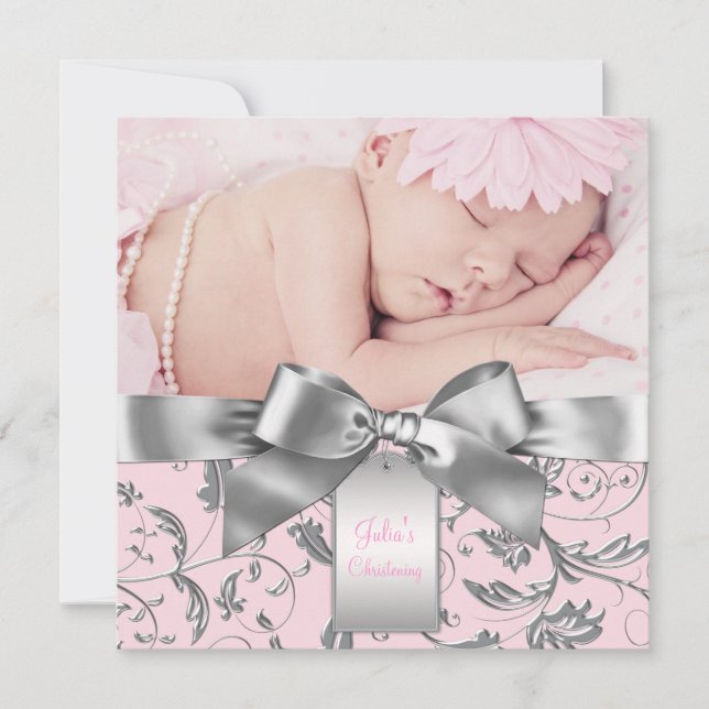Convite Elegante Batizado Rosa e Cinza (Frente)