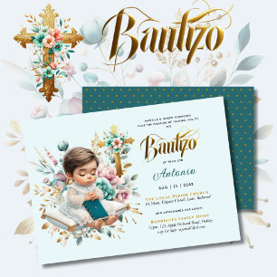 Convite Elegante BAUTIZO Turquoise Dourada Cruz Floral