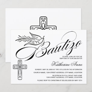 Convite Elegante Bautizo Vintage Script Cross and Dove