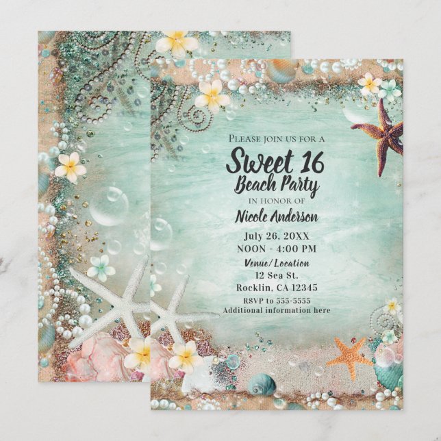 Convite Elegante Beach Sea Starfish & Pearls Sweet 16 Phot (Frente/Verso)