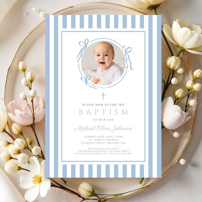 Convite Elegante Bebê Arco Azul Foto Menino Batismo (Elegant Baby Blue Bow Photo Boy Baptism Invitation)