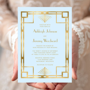 Convite Elegante Bebê Azul Dourado Casamento Vintage Deco