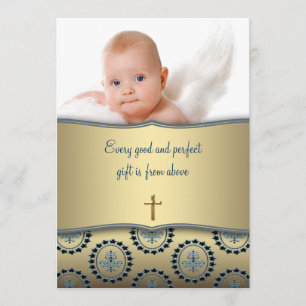 Convite Elegante Bebê Menino Azul e Dourado Foto Batizado