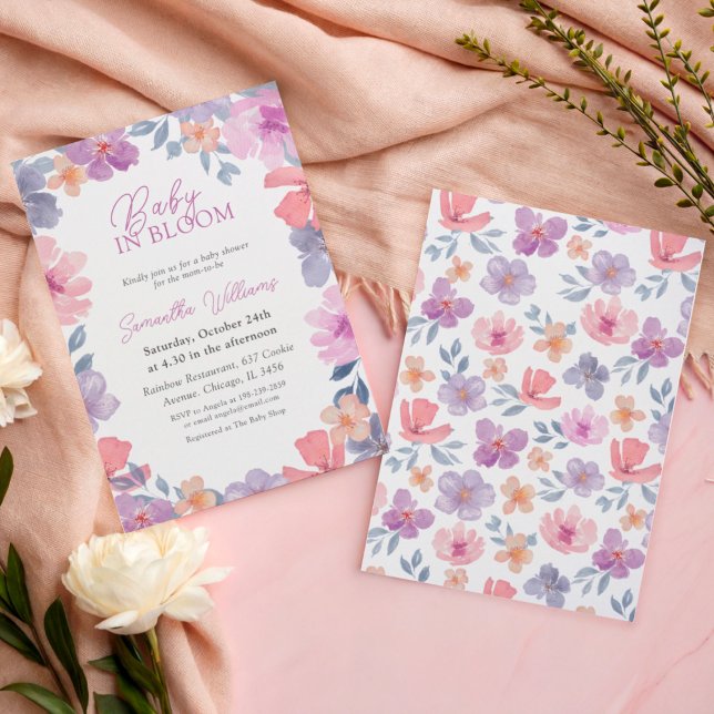 Convite Elegante Bebê Rosa em Flor Floral  (Criador carregado)