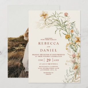 Convite Elegante Bege Boho Floral Foto Casamento