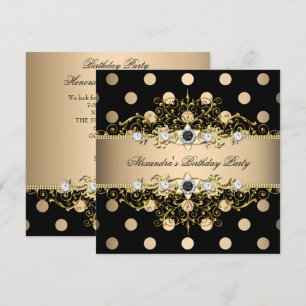 Convite Elegante Bege Creme Dourado Preto Bolinhas Anivers