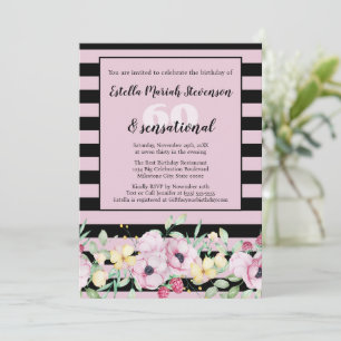 Convite Elegante Bege Preto Rosa Listrado Floral Aniversár