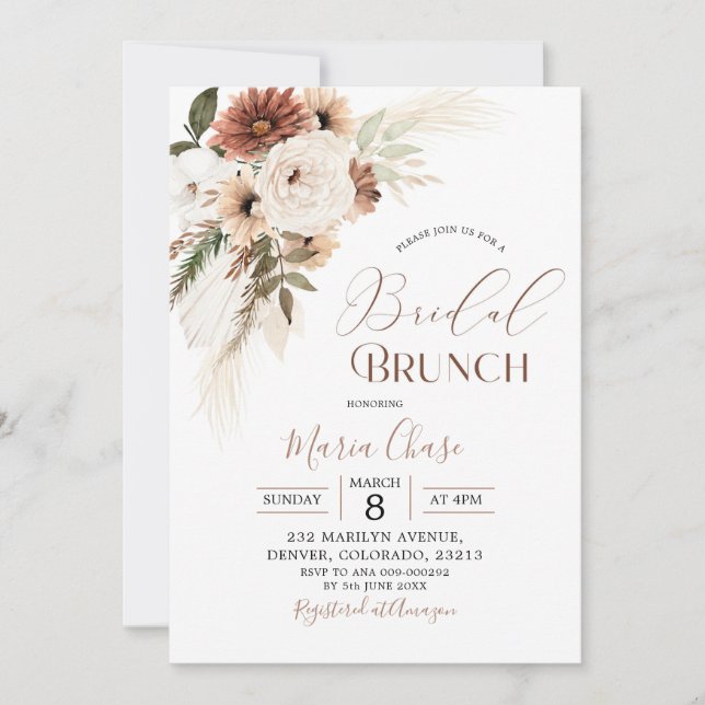 Convite Elegante Beige Boho Pampas Grass Bridal Brunch (Frente)