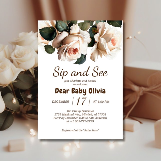 Convite Elegante Beige Rosa Sip and See Girl Chá de fralda (Gentle Sip & See Baby Shower Invite!)