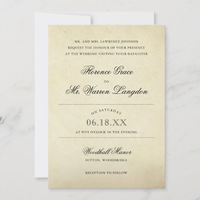 Convite Elegante Beige Vintage Papel Vitoriano Casamento (Frente)