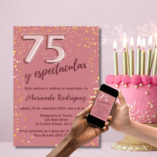Convite Elegante Bela Rosa Dourado Aniversário de 75 anos 