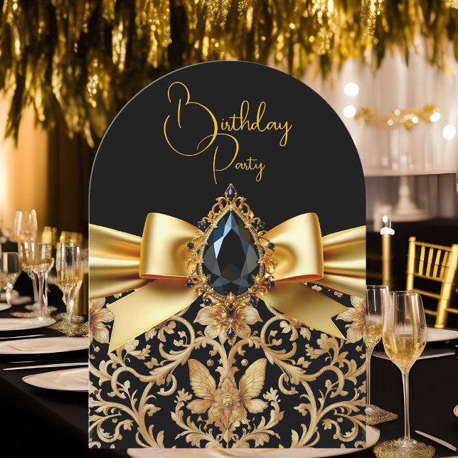 Convite Elegante Birthday Black Dourado Arco Jewel Damask (Criador carregado)