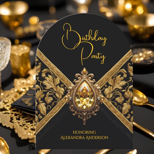 Convite Elegante Birthday Black Dourado Jewel Tecido (Criador carregado)