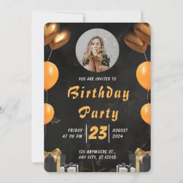 Convite Elegante Black and Dourado Birthday