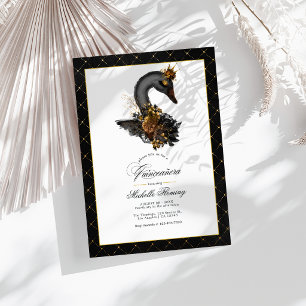 Convite Elegante Black and Dourado Swan Quinceañera Foto