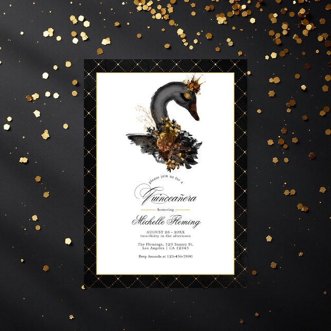 Convite Elegante Black and Dourado Swan Quinceañera Foto (Elegant Black and Gold Swan Quinceañera Photo Invitation)