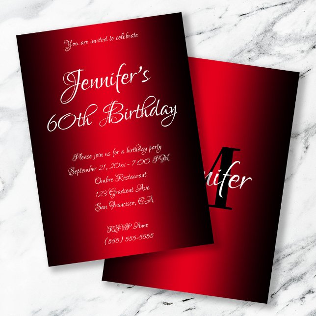Convite Elegante Black and Red Ombre 60º Aniversário (Black and Red Ombre Monogrammed Birthday Invite)