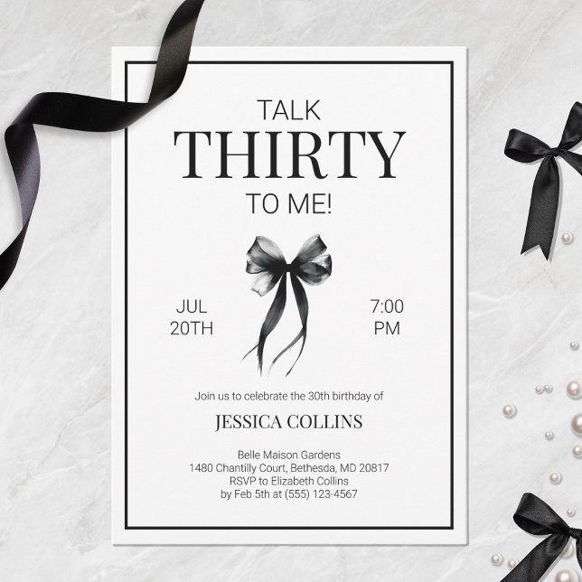 Convite Elegante Black and White Talk 30 to Me Birthday (Elegant Black and White Talk 30 to Me Birthday Invitation)