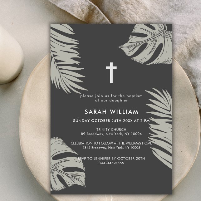 Convite Elegante Black Boho Deixa o batismo cruzado (Elegant Black Boho Leave Gold Cross Baptism Invitation)
