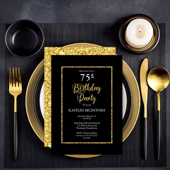 Convite Elegante Black Dourado 75th Festa de aniversário (Elegant Black and Faux Gold Butterflies 75th Birthday Party  Party Invitation - Print | Digital )