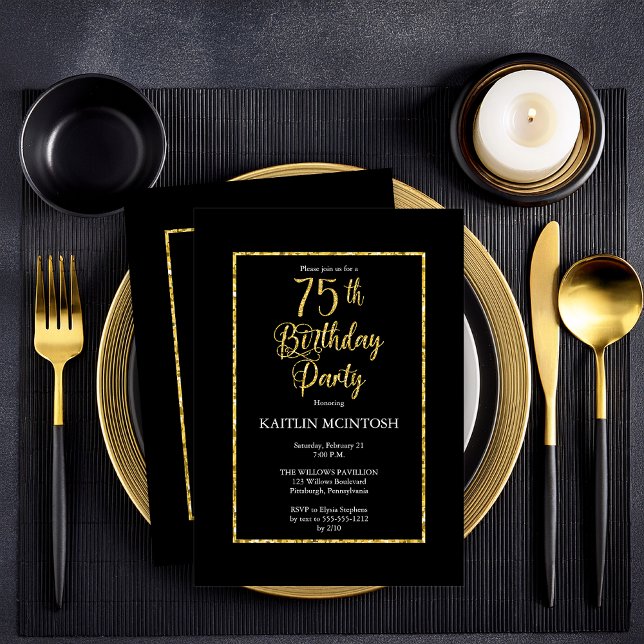Convite Elegante Black Dourado 75th Festa de aniversário (Elegant Black and Faux Gold Butterflies 75th Birthday Party  Party Invitation - Print | Digital)