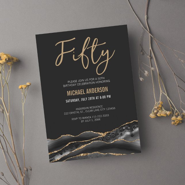 Convite Elegante Black Dourado Agate 50ª Festa de aniversá (Criador carregado)
