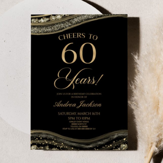 Convite Elegante Black Dourado Agate 60ª Festa de aniversá (Criador carregado)
