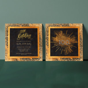 Convite Elegante Black Dourado Glitter 100th Festa de aniv