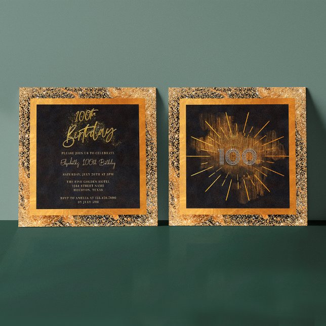 Convite Elegante Black Dourado Glitter 100th Festa de aniv (Front / Back)