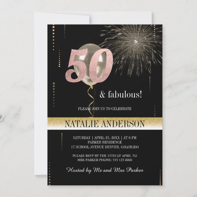 Convite Elegante Black Dourado Glitter 50th Festa de anive (Frente)