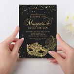 Convite Elegante Black Dourado Glitter Mascarada Doce 16<br><div class="desc">Design apresenta uma máscara brilhante de mascarada com brilho dourado com configuração dourada.</div>
