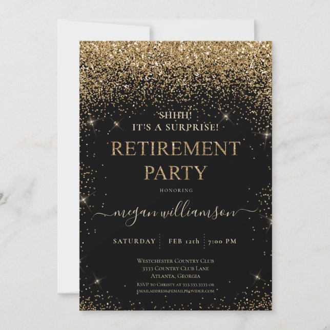 Convite Elegante Black Dourado Glitter Retirement Party (Frente)