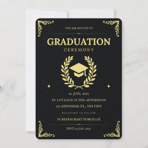 Convite Elegante Black Dourado Graduation Ceremony Part