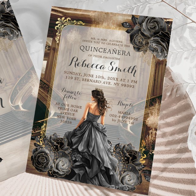 Convite Elegante Black Dourado Grand Ballroom Princess 15  (Criador carregado)