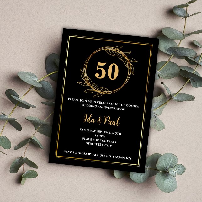 Convite Elegante Black Dourado Leaf 50º Aniversário de Cas (Elegant Black Gold Leaf 50th Wedding Anniversary Invitation)