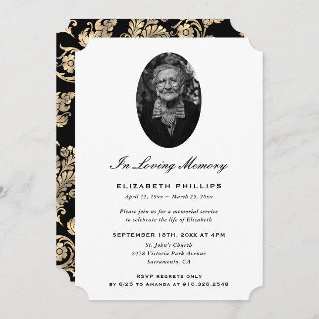 Convite Elegante Black Dourado Photo Memorial (Frente/Verso)