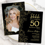 Convite Elegante Black Dourado Photo Surprise 50th Birthda<br><div class="desc">Elegante convite de aniversário preto e ouro surpresa 50º com sua foto na parte traseira do cartão. A moderna design feminina moderna tem sotaques botânicos e letra de script de tipografia. Simples cartão de convite floral perfeito para uma festa surpresa na moda. Pode ser personalizado para qualquer idade. Impressos convites...</div>