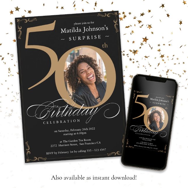 Convite Elegante Black Dourado Photo Surprise 50th Birthda (Surprise 50th Birthday Elegant Black Gold Photo Invitation)