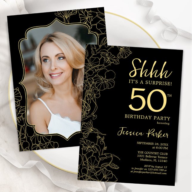 Convite Elegante Black Dourado Photo Surprise 50th Birthda (Criador carregado)