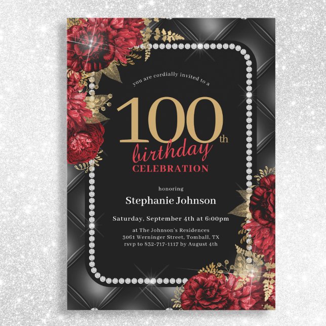 Convite Elegante Black Dourado Red Floral 100th Festa de a (Mockup View)